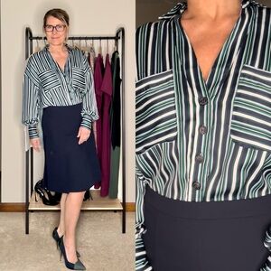 Free People Mad About You Striped Silky Button Down Shirt Top Navy Blue XS EUC
